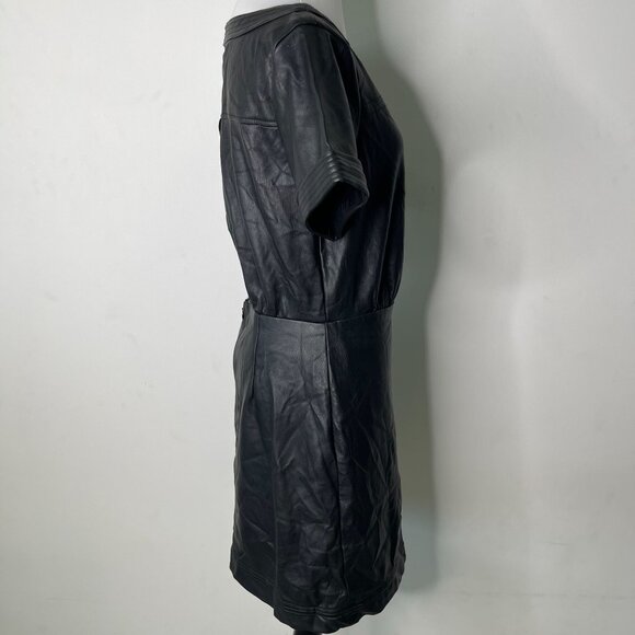 Anthropologie Women's Black Faux Leather Wrap Mini Short Sleeve Dress Size 8 - Picture 5 of 13
